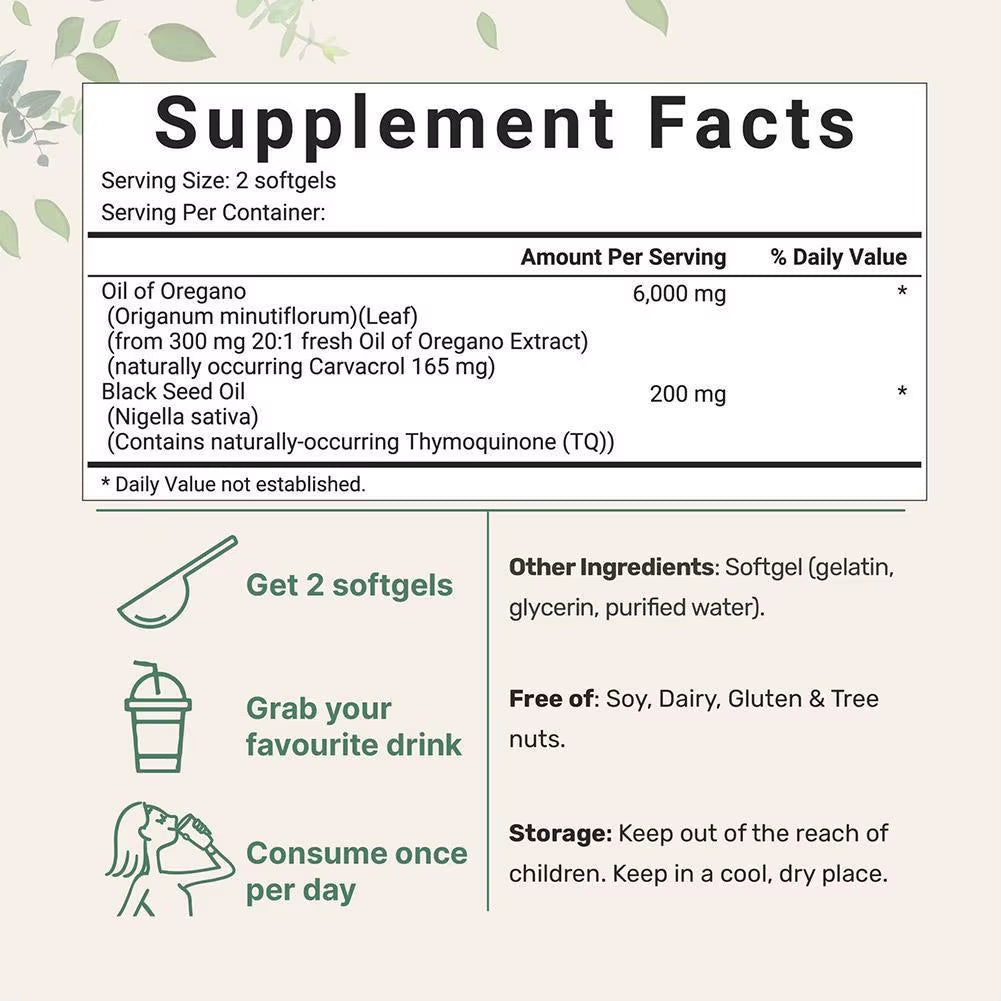 Oil of Oregano Softgels 6000Mg Oregano Oil Supplement,180 Capsules,With Black Seed Oil,Immune & Antioxidant Support,Health Care